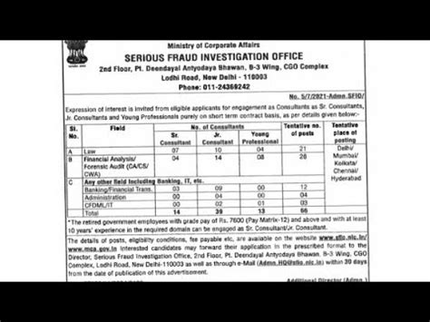 161 21 Govt Job For CA CMA CS MBA In SFIO As Jr Consultant Sr