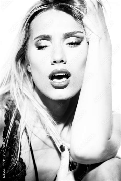 Emotions And Feelings Concept Beautiful Blond Lady Portrait In Sexy Lingerie While Getting An