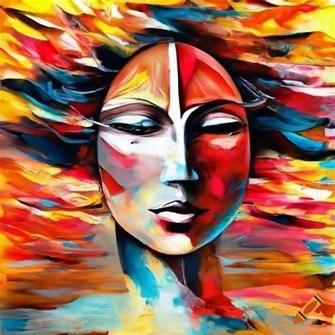 Knife Painting Of An Abstract Indian Face On Fire And Water