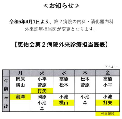 医師着任に伴う外来診療担当医の変更について｜恵佑会第2病院からのお知らせ・新着情報 札幌市白石区の内科・消化器内科・放射線内科