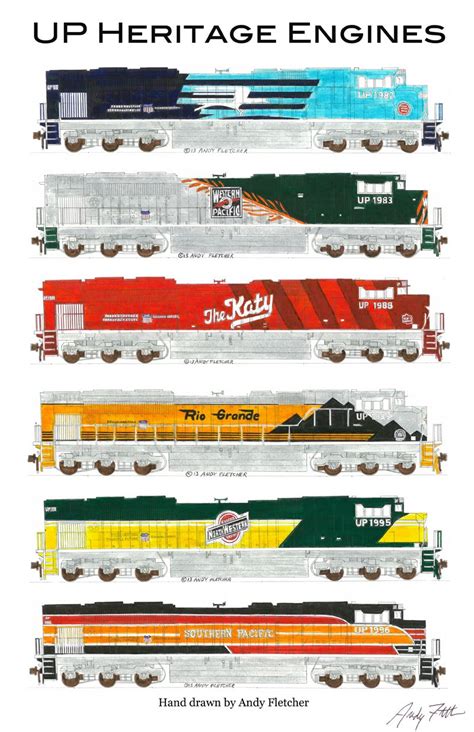 6 Hand Draw Union Pacific Heritage Engine Drawings By Andy Fletcher