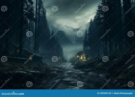 Nocturnal Mystique Misty, Foggy Night in a Dark Forest Landscape Stock ...