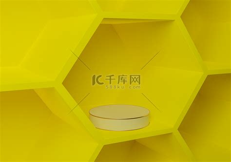 明亮、霓虹黄色 3d 渲染产品展示蜂窝图案抽象背景，用于产品摄影自然、几何、简单模板圆柱平台讲台或支架高清摄影大图 千库网