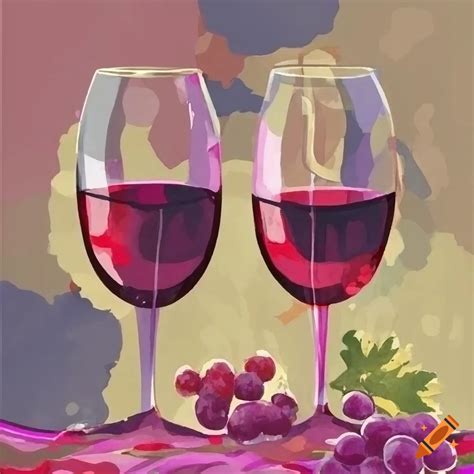 Watercolor Of Two Glasses Of Red Wine On A Blanket