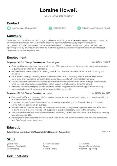 Full Charge Bookkeeper Resume CV Example And Writing Guide