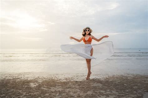 Cheerful Woman In Bikini Enjoying On Sea Beach With Sunlight Stock Image Image Of Sand