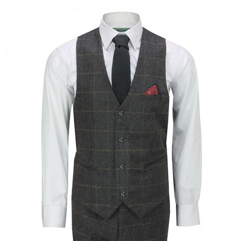 Mens 3 Piece Suit Herringbone Tweed Grey Black Check Retro Fitted Peaky