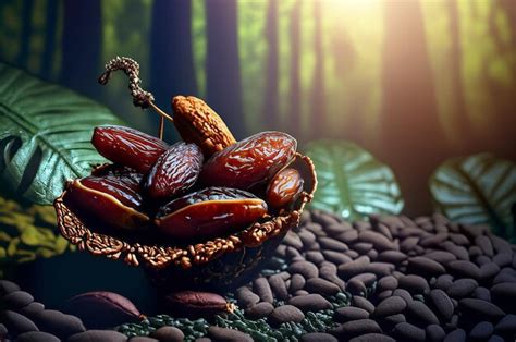 Premium Photo | A basket of dates in a basket with a leafy background