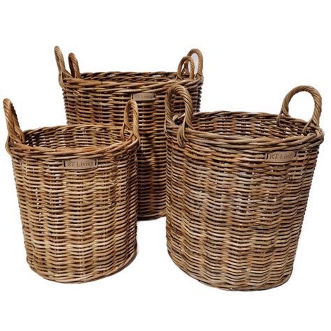 Set of 4 Round Lacak Log Baskets with Eared Handles - Roudham Trading