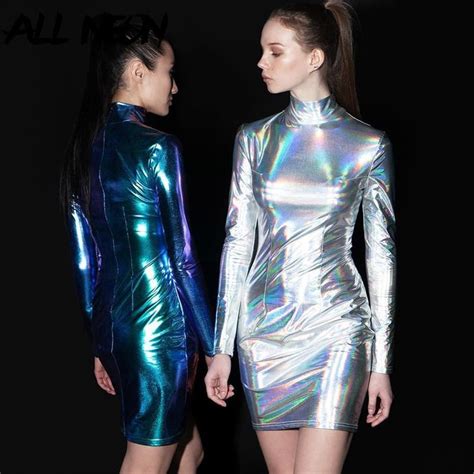 Holographic Bodycon Mini Dresses Stand Collar Long Sleeve Dresses Women