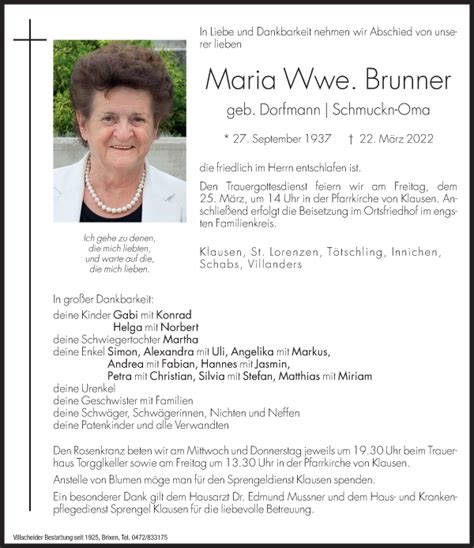 Traueranzeigen Von Maria Brunner Trauer Bz