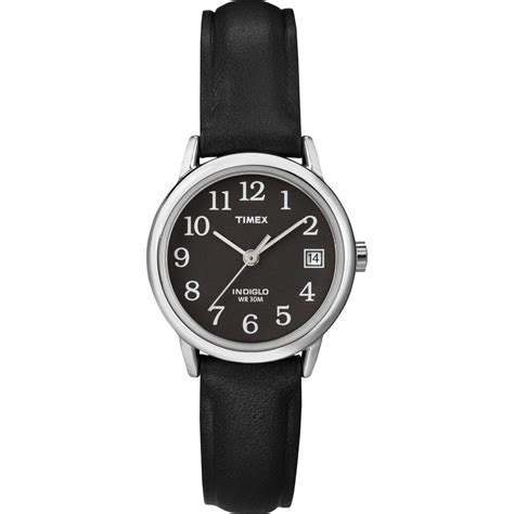 Timex Womens Silvertone Case Black Dial Ez Reader Black Leather Strap