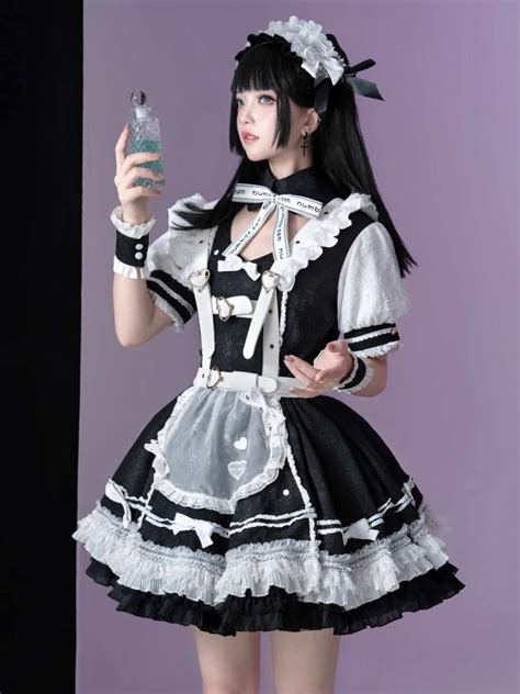 Black and White Punk Maid Dress Short One Piece + White Apron