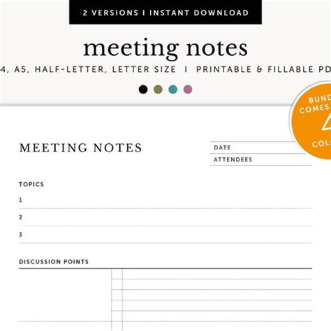 Meeting Notes Template Printable Meeting Agenda Fillable PDF Etsy