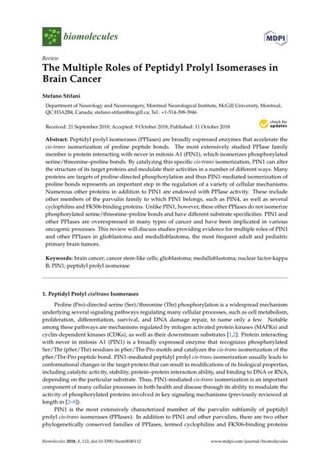 Pdf The Multiple Roles Of Peptidyl Prolyl Isomerases In Brain Cancer