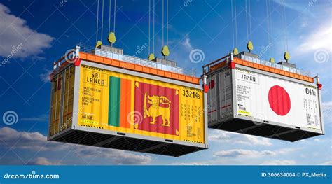 Shipping Containers With Flags Of Sri Lanka And Japan Stock