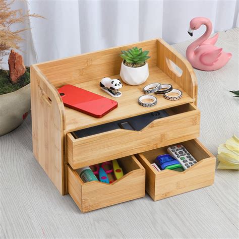 Hacaroa Tier Bamboo Desktop Organizer With Drawers Mini Tabletop