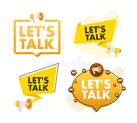 Megaphone Label Set With Text Lets Talk Megaphone In Hand Promotion Banner Stock Vector