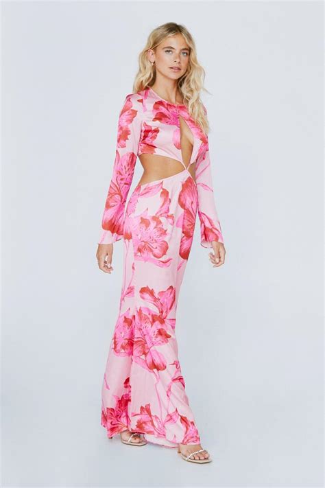 Satin Floral Print Cut Out Maxi Dress Boohoo Uk