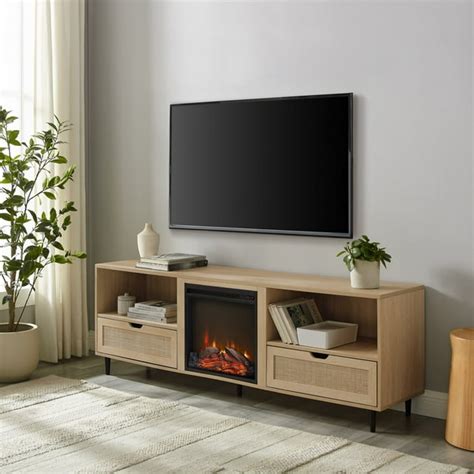 Manor Park 70” Bohemian Wood And Rattan Electric Fireplace Tv Stand For Tvs Up To 75” Coastal