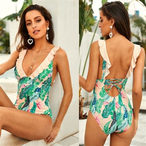 Bellanblue Swim Tropical Print Lace Up Back Monokini Poshmark