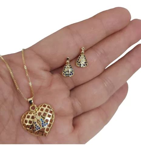 Conjunto Colar E Brinco Nossa Senhora Semijoia Em Ouro 18k