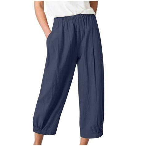 Capri Pants For Women Casual Summer Cotton Linen Pants Loose Elastic