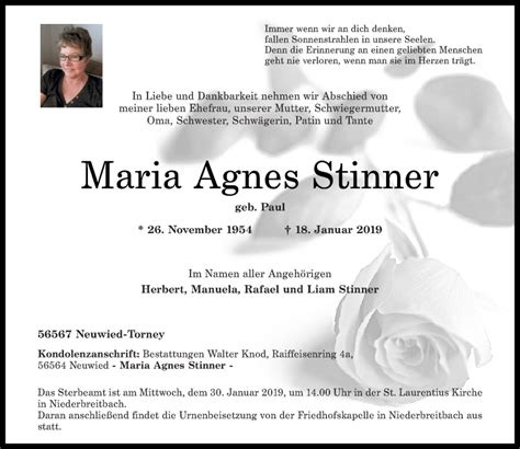 Traueranzeigen Von Maria Agnes Stinner Rz Trauer De