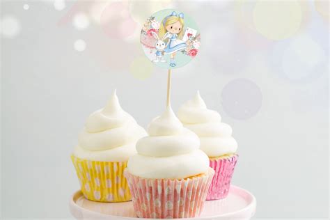 Pastel Alice In Wonderland Cupcake Toppers Onederland Favor Tags Alice