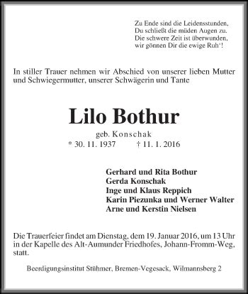 Traueranzeigen Von Lilo Bothur Trauer Gedenken