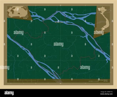 Vinh Long, province of Vietnam. Colored elevation map with lakes and rivers. Locations and names ...