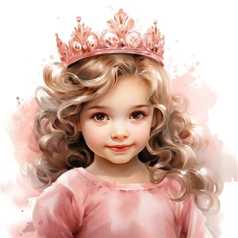 Premium Photo Cute Watercolor Princell In Pink Dress And Gold Crown