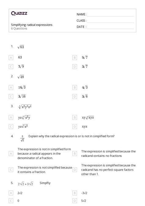 50 Radical Expressions Worksheets On Quizizz Free Printable