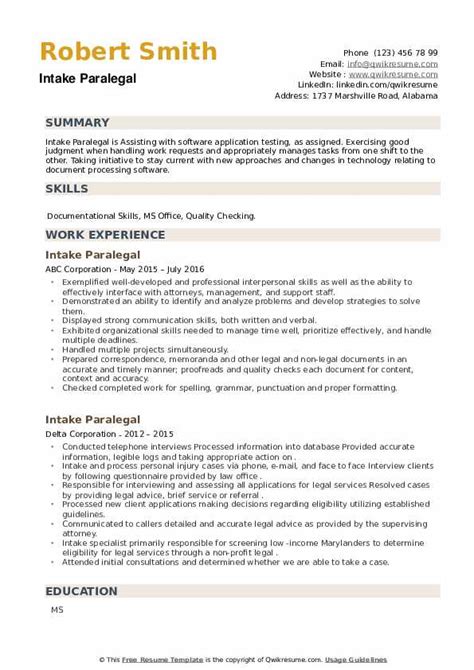 Intake Paralegal Resume Samples Qwikresume