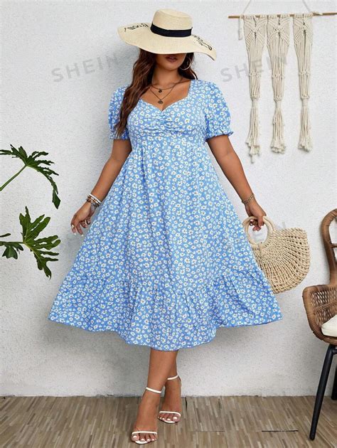 Shein Frenchy Plus Ditsy Floral Print Ruched Bust Ruffle Hem Dress