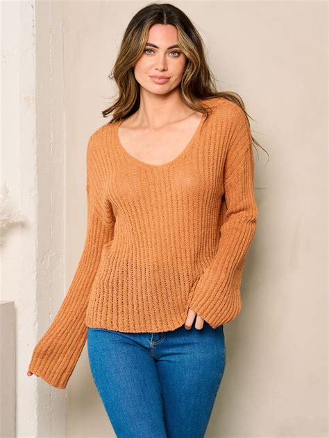 Womens Long Bell Sleeve V Neck Knit Top