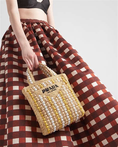 Tan Raffia And Wood Tote Bag Prada