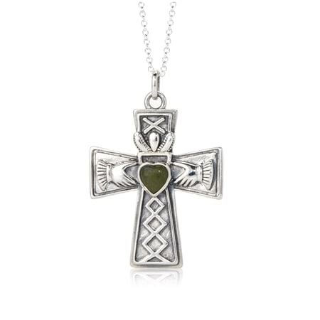 Tvsn Connemara Marble Claddagh Cross Pendant Cm Chain Sterling Silver