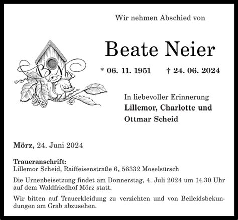 Traueranzeigen Von Beate Neier Rz Trauer De