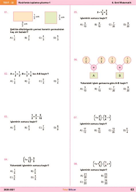 6 Sınıf Kesirlerde Toplama İşlemi Örnekleri Çeşitli Örnekler