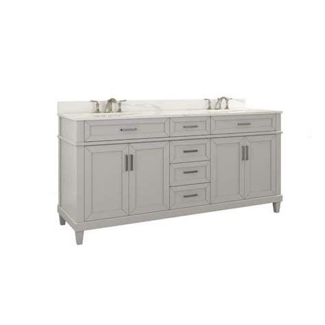 A Double Sink Vanity With Two White Sinks