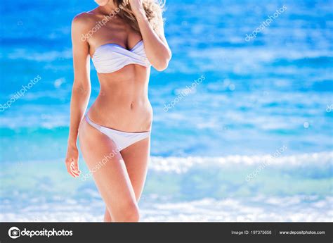 Tanned Woman Body White Bikini Blue Sea Water Background Stock Photo