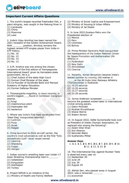 SSC CGL Tier 1 BOLT 2022 CA GK Questions And Solutions