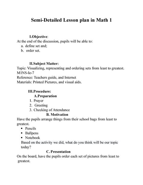 Document 4 Lesson Plan Semi Detailed Lesson Plan In Math 1 I At The End Of The Discussion