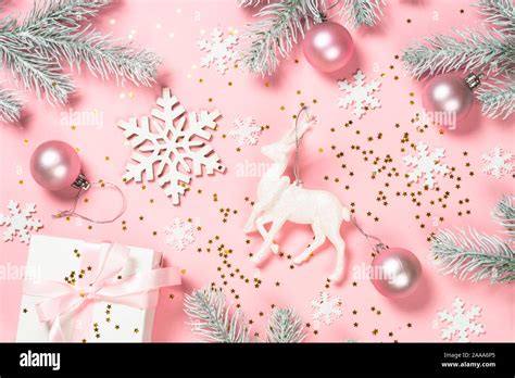 Christmas pink flat lay background Stock Photo - Alamy