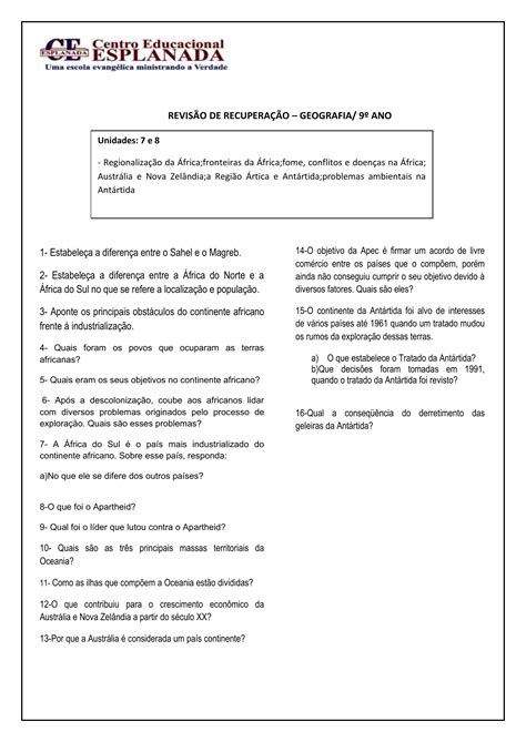 Exercícios Sobre A Oceania 9 Ano Gabarito