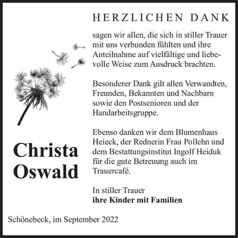 Traueranzeigen Von Christa Oswald Abschied Nehmen De