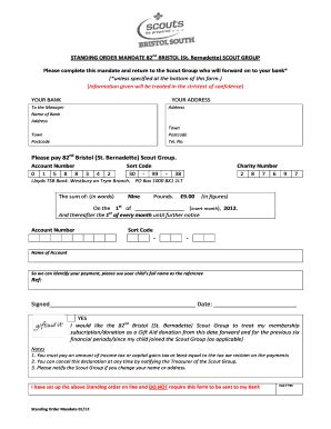 Fillable Online Bristolsouthscouts Org Standing Order Form Bristol