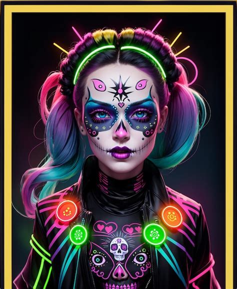 Premium Ai Image Neon Skull Makeup Halloween Party Traditional Mexican Carnival Santa Muerte