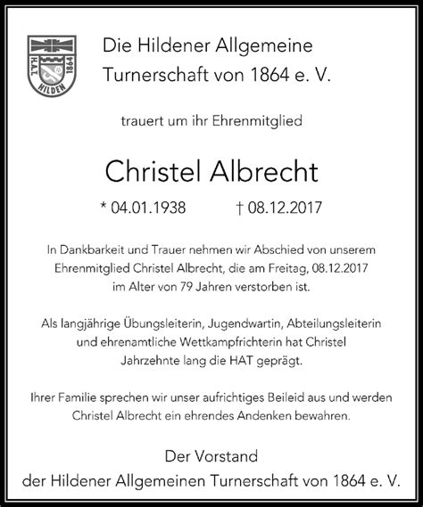 Traueranzeigen Von Christel Albrecht Trauer In Nrw De